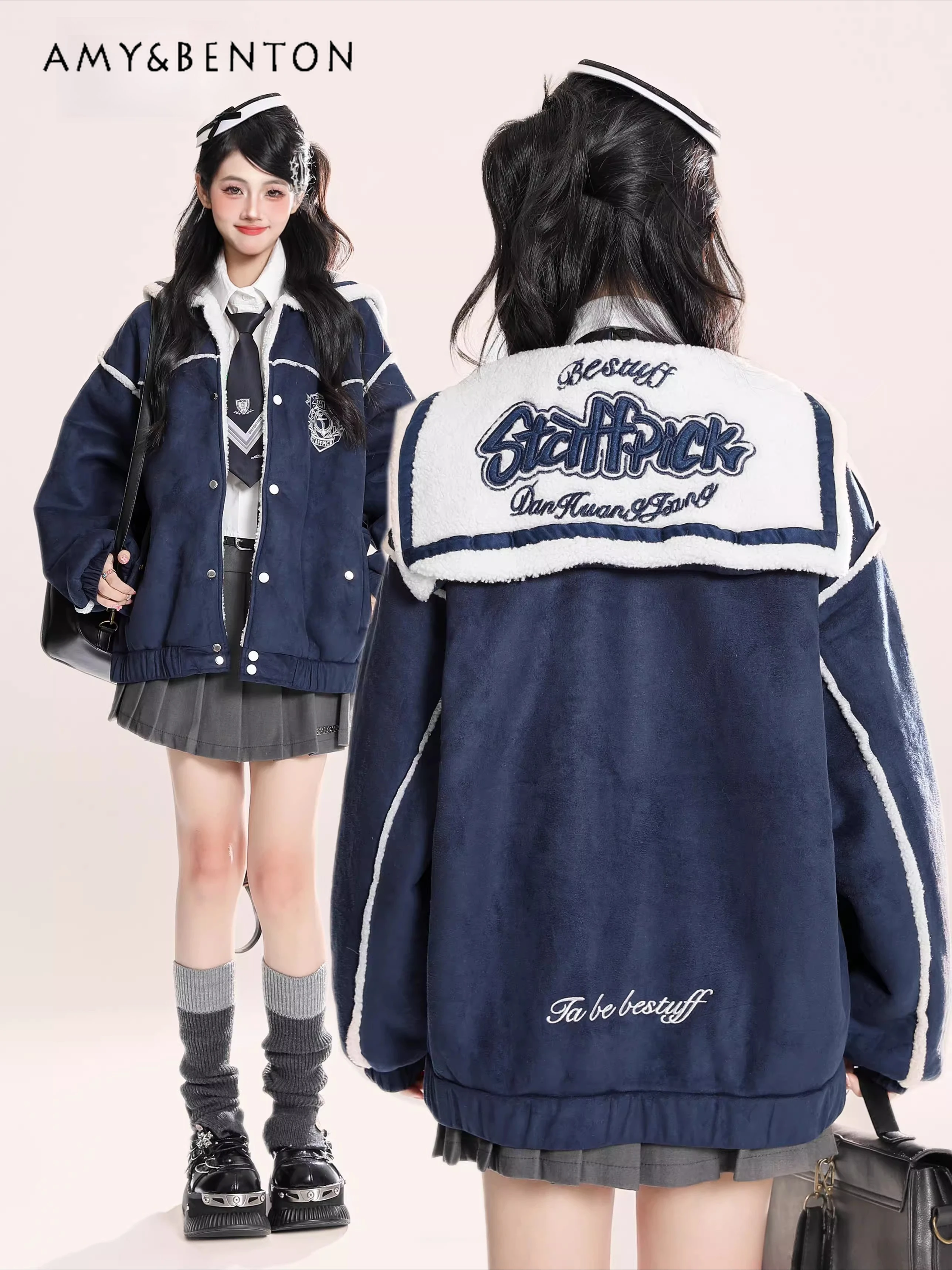 

2025 Autumn Winter New American Retro College Style Women's Navy Collar Lamb Wool Patchwork Navy Blue Gray Casual Cotton Jacket