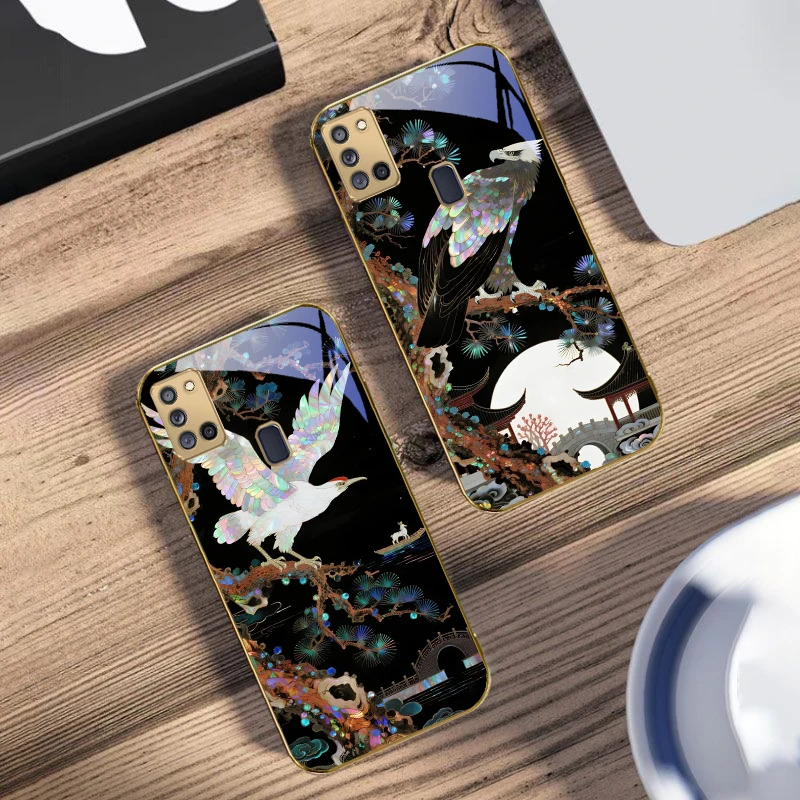

Crane Auspicious Pattern For Samsung A 31 32 A33 A34 35 14 A15 13 16 25 26 50 52 53 54 55 56 70 71 72 73 Golden glass phone case