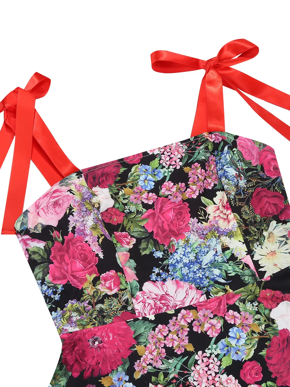 2025 60s ผู้หญิง Multicolor Floral Fit และ Flare ชุดเดรสวินเทจ Bow Tie สายรัด Shirred กลับวันเกิดพรหมชุดราตรี