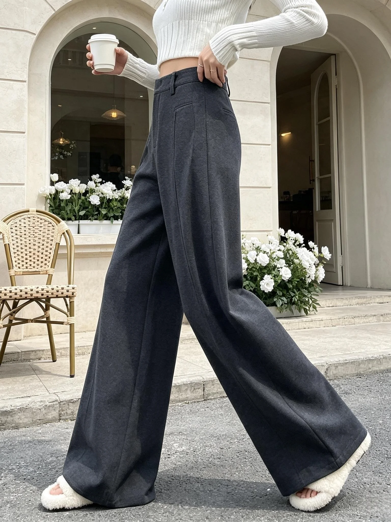 Elegant Grey Wide Leg Suit Pants Women's Autumn Winter Thickened Fleece Casual Loose Straight Drapey Long Trousers