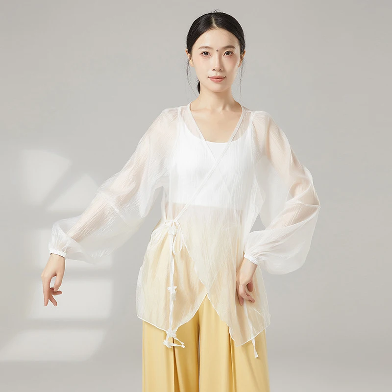 Modern Dance Top Damen Smock Langarm V-Ausschnitt Gaze Shirt Folk Performance Sheer Floating Bands Tied Lyrica Trainingskleidung