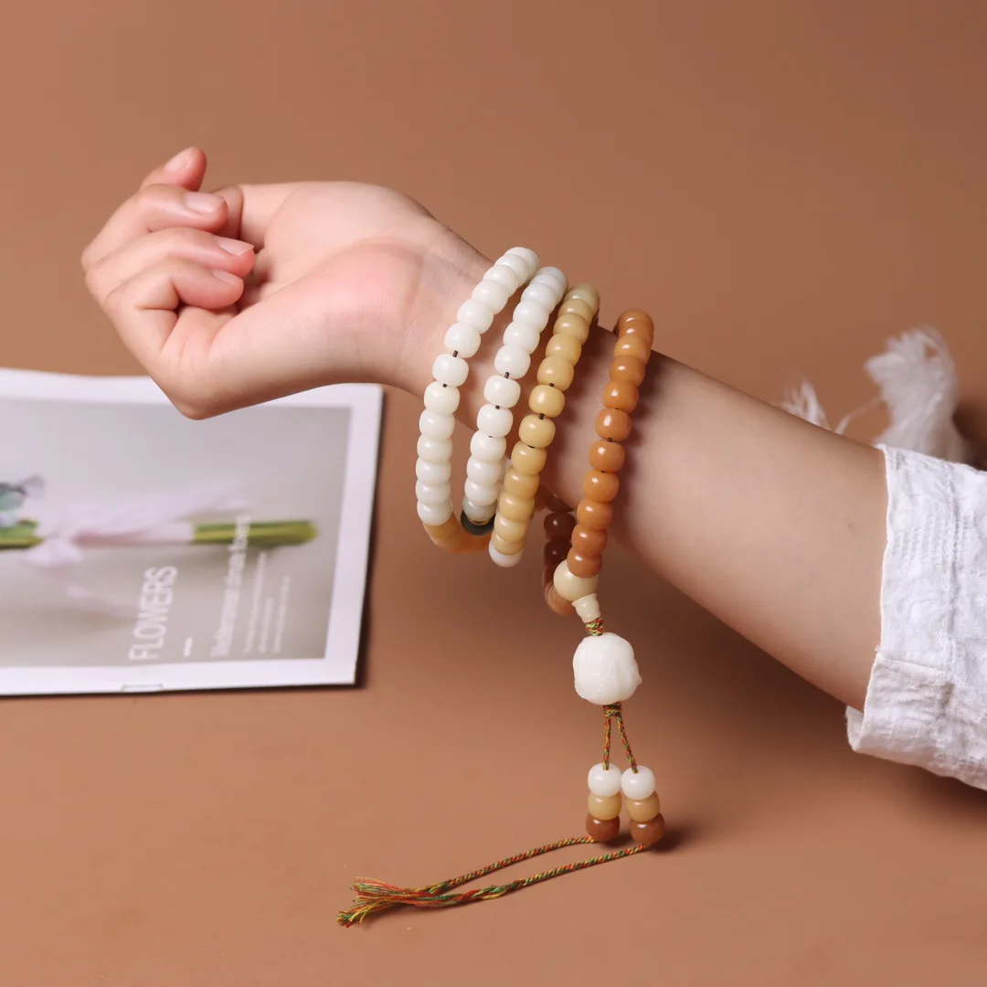 Colorful Weathered Gradient White Jade Bodhi Root DIY Carved Lotus Bracelet Handheld Unisex Buddhist Prayer Beads