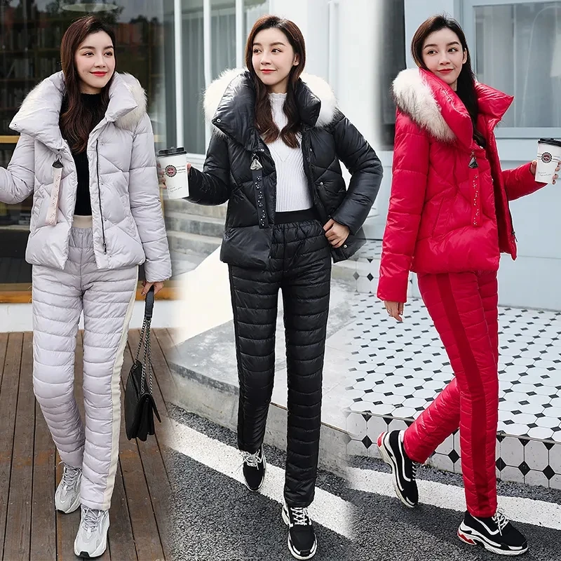 

Women Winter Hiking Jacket Pants Suit Fashion Large lapel Fur Collar Warm Two piece Set Slim Outerwear Pants Coat Down Cotton