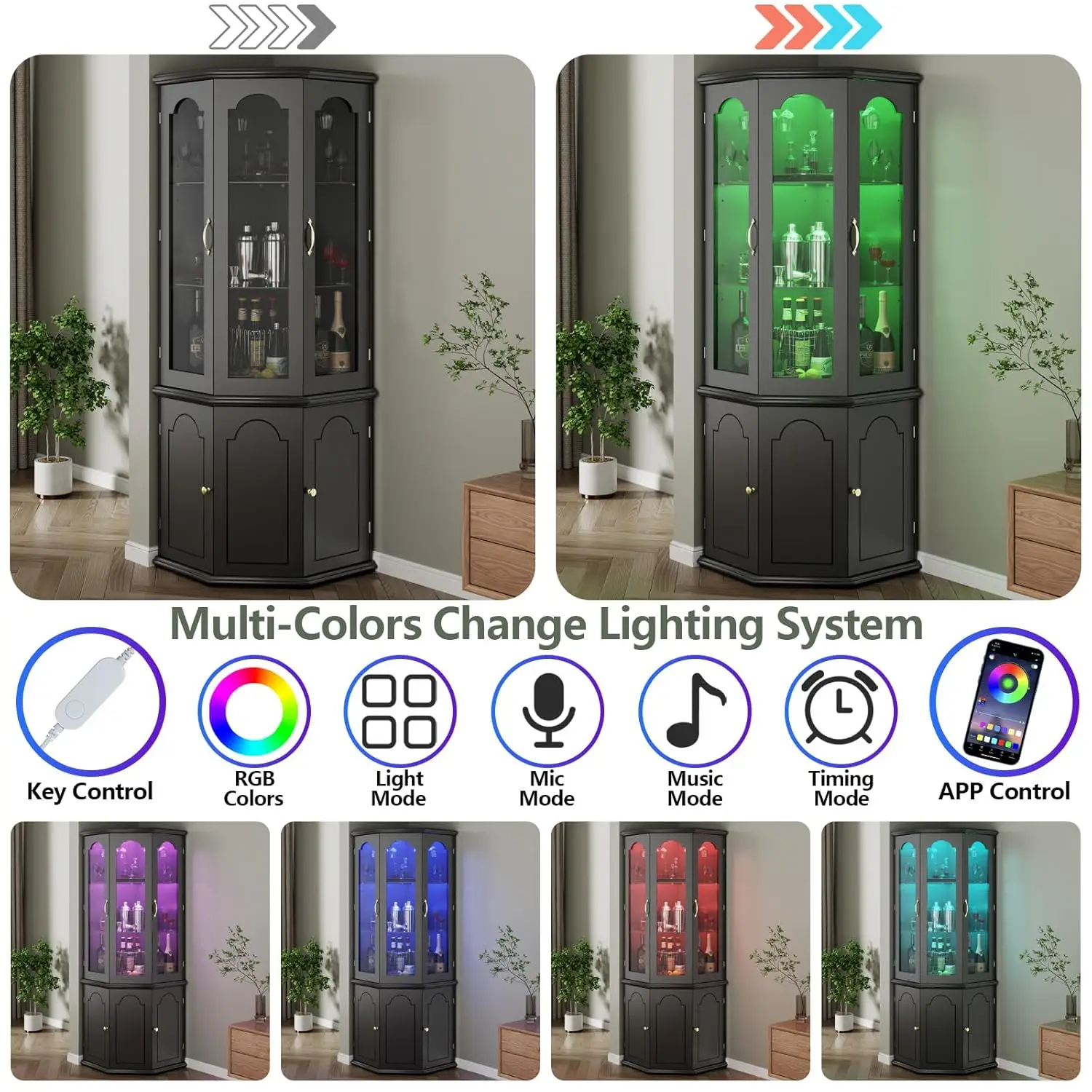 Corner Bar Cabinet w/LED Lights, Tall Modern Wine Cabinet with Tempered Glass Door & Adjustable Shelves, Home Bar, Customized