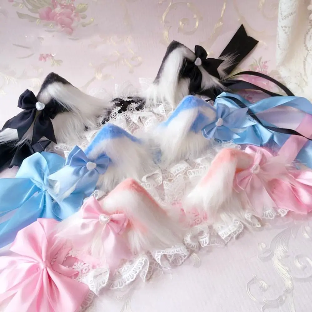 Orecchie di gatto di peluche dolce Lolita Fascia di pizzo Fiocco di nastro Kawaii Fascia increspata Accessori per capelli Jk Barrettes Copricapo in maschera