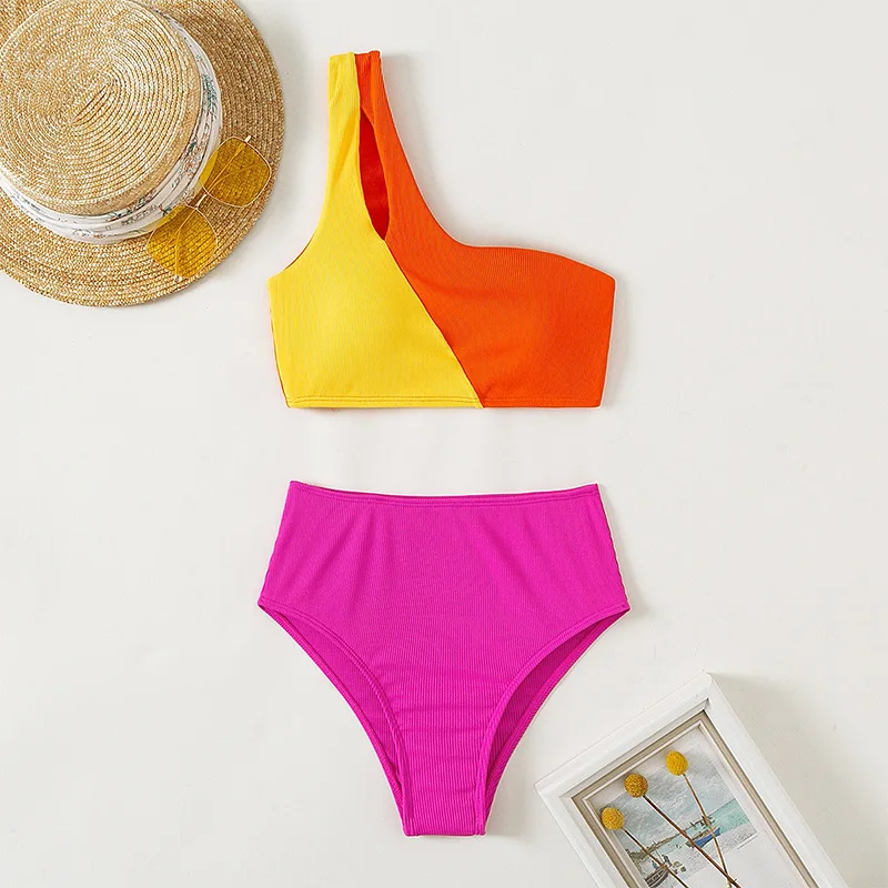 

Sexy Two Piece Swimsuit Micro Bikini Set Swimwear Bathing Suit Women High Waisted Striped Colorful One Shoulder Swimsuits