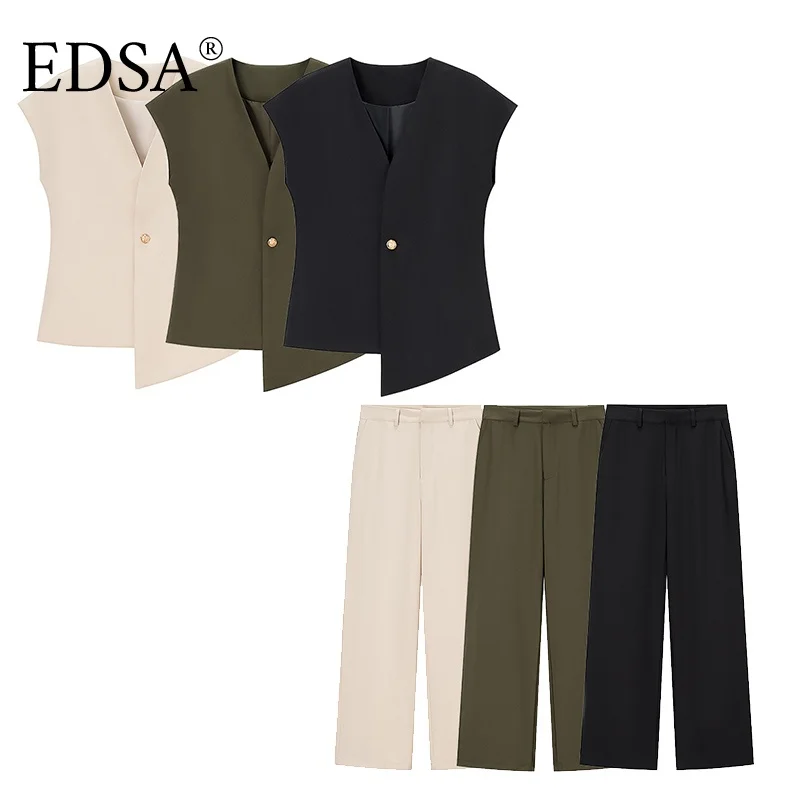 EDSA المرأة الخامس الرقبة مشبك واحد الصلبة سترة صدرية عالية الخصر الجانب جيب سستة واسعة الساق السراويل عادية 2 قطعة مجموعة