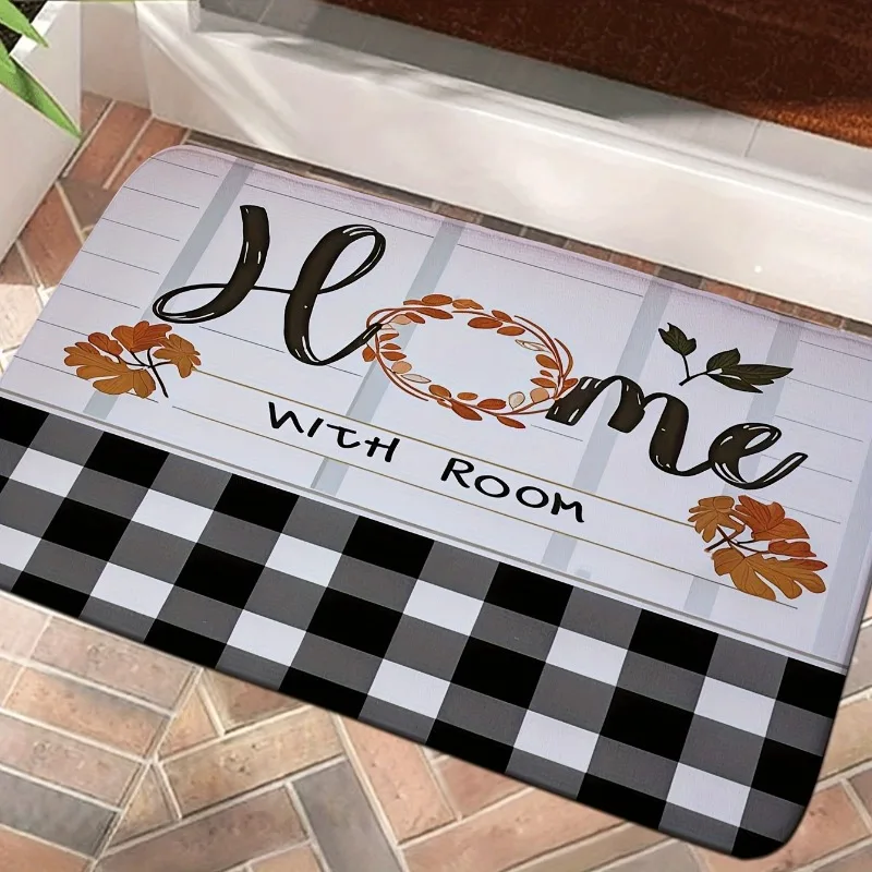 Black and White Door Mat Checkered Autumn Themed A 
