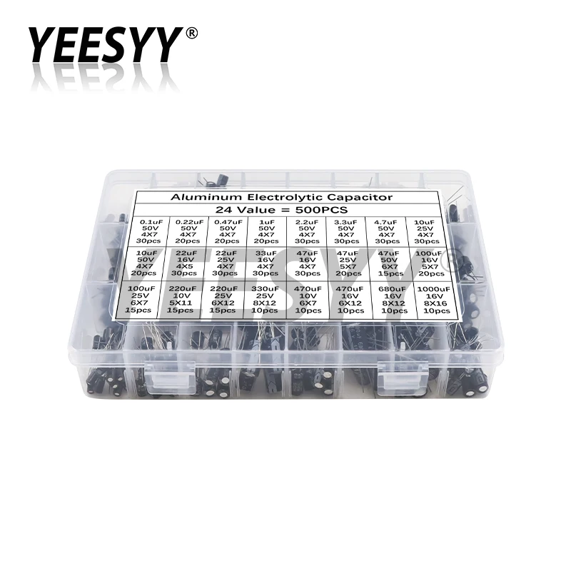 

500Pcs/lot 0.1UF-1000UF 24Values 16V-50V Mix Aluminum Electrolytic Capacitor Assorted Kit And Storage Box