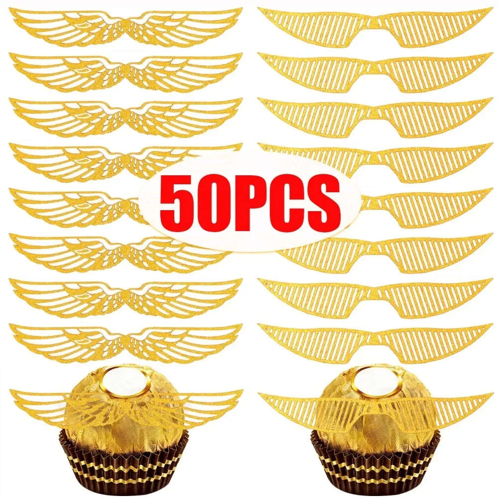 50 قطعة أجنحة ذهبية كعكة بالشيكولاتة الديكور معالج توبر الذهب الجناح كب كيك القبعات العالية واش الزفاف عيد ميلاد ديكور لوازم