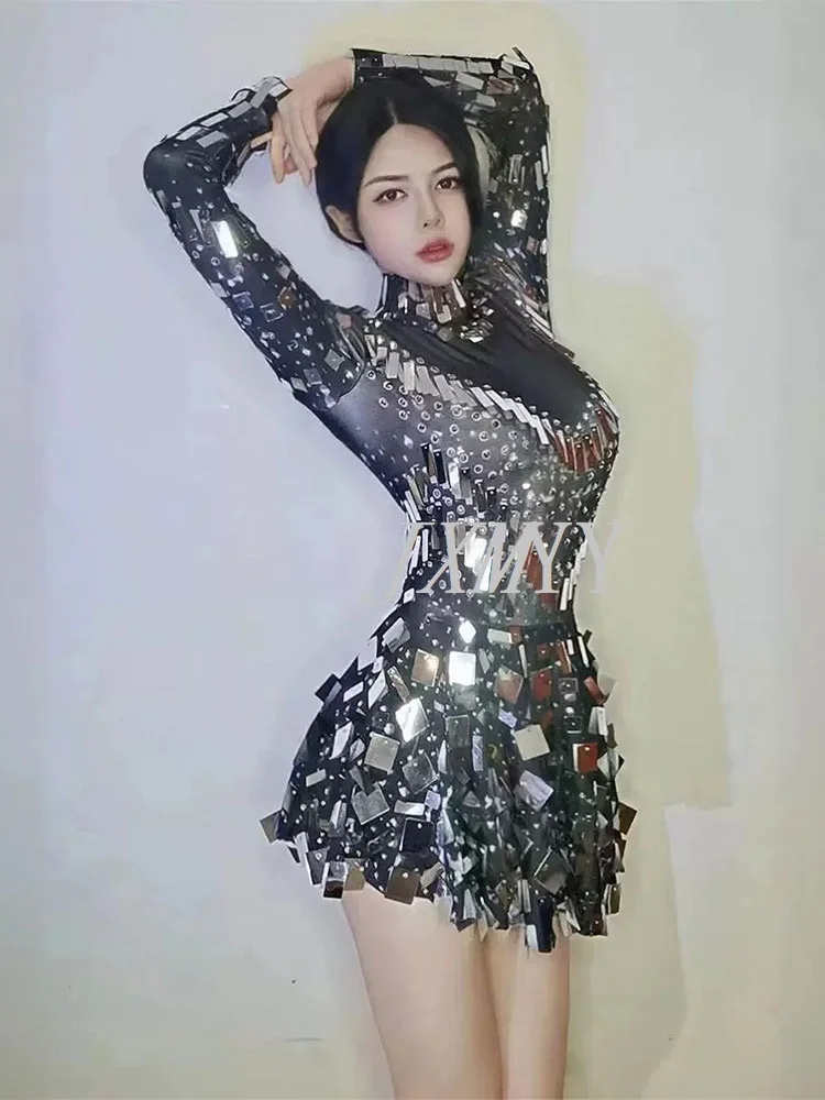 Raquel Mirror Party Dress Black Stretch Stage Dance Dress Nightclub Party Celebrate Dress Women Dancer Performance Clothes