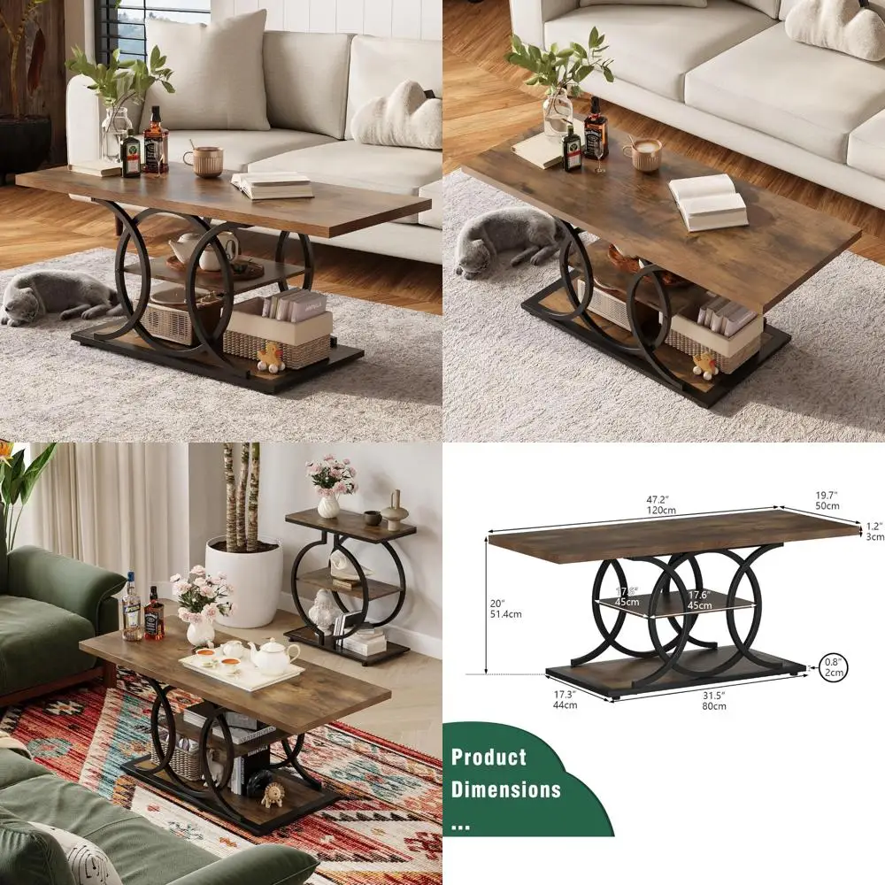 

Rustic Industrial 3-Tier Storage Coffee Table for Living Room, Farmhouse Style Wooden Rectangle Center Table
