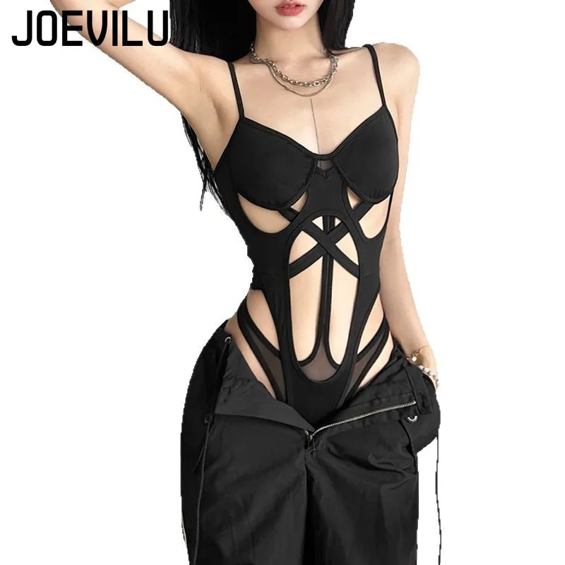 ผู้หญิงเซ็กซี่บอดี้สูทตัดออกBodycon Jumpsuit Cami Y2K Pure Aestheticเสื้อฤดูร้อนแขนกุดสีทึบCropชุดTee