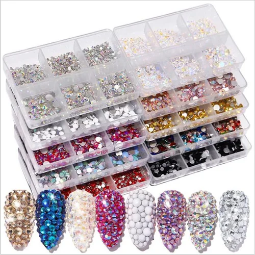 1 caja de diamantes de imitación de cristal para decoración de uñas, oro, plata, transparente, todos los colores, fondo plano, forma mixta, decoración 3D para uñas DIY en maceta de 6 celdas