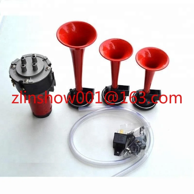 

3 Three Small Red 135dB Air Horns 12v with Compressor Kit
