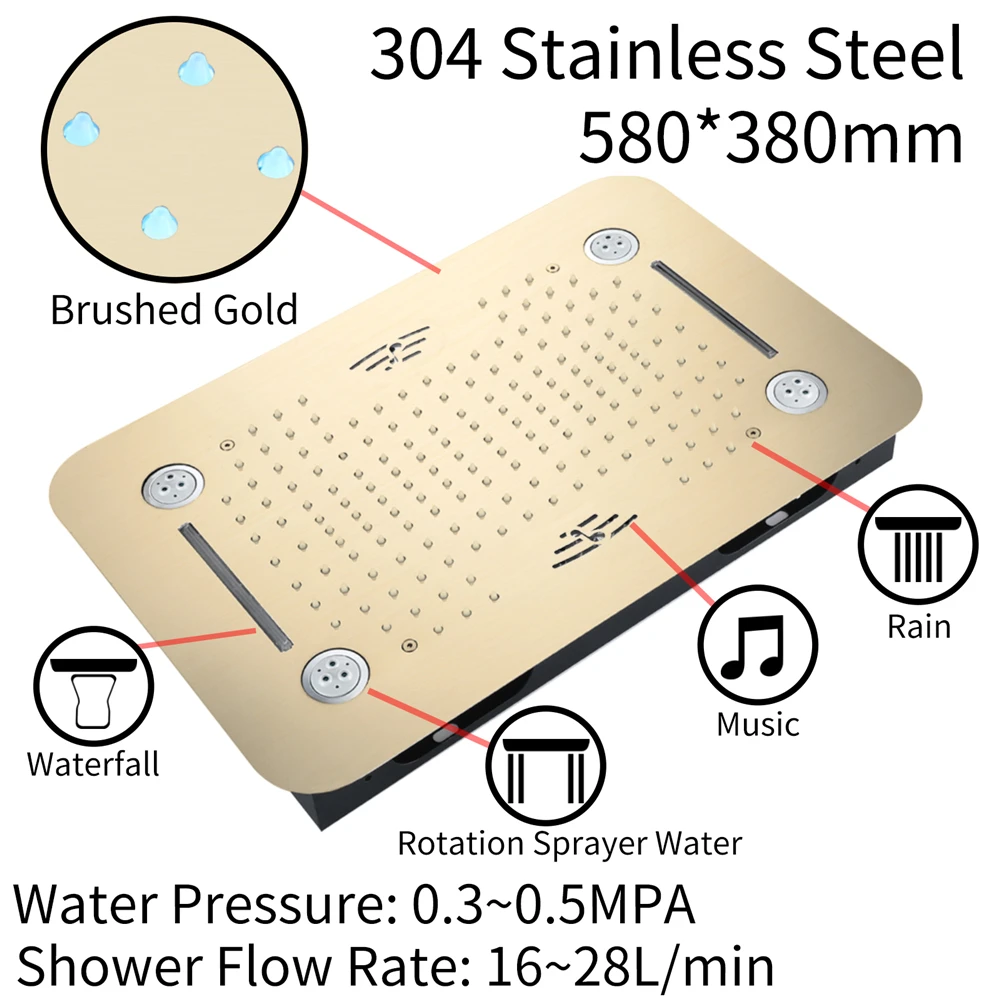 Cascada de lluvia Jet 23*15 pulgadas música moderna cabezal de ducha LED pantalla de temperatura agua caliente y fría grifo de ducha de baño