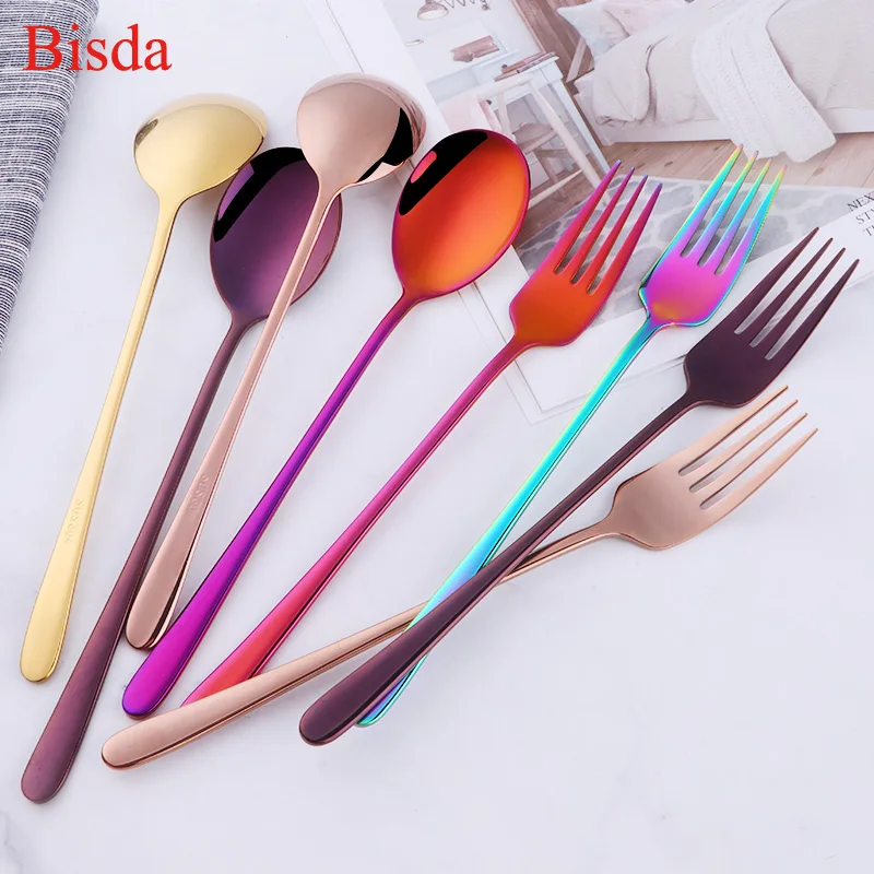 2 Pcs/set Dinner Fork Stainless Steel Fork And Spoon Set Gold Dinnerware Kitchen Utensil Colorful Spoon Safety Adult Flatware