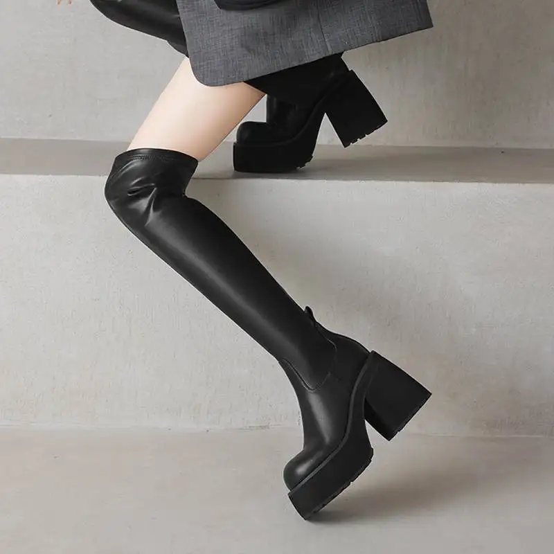 كرازينغ وعاء البقرة انقسام الجلد سميكة عالية الكعب جولة تو تمتد أحذية طويلة أنيقة الحديثة منصة Ins مرونة فوق الركبة الأحذية #6