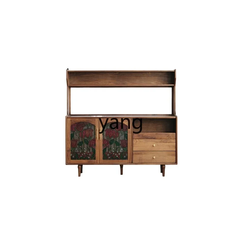 

YJQ dining side cabinet integrated against the wall living room black walnut solid wood home retro multi-functional locker