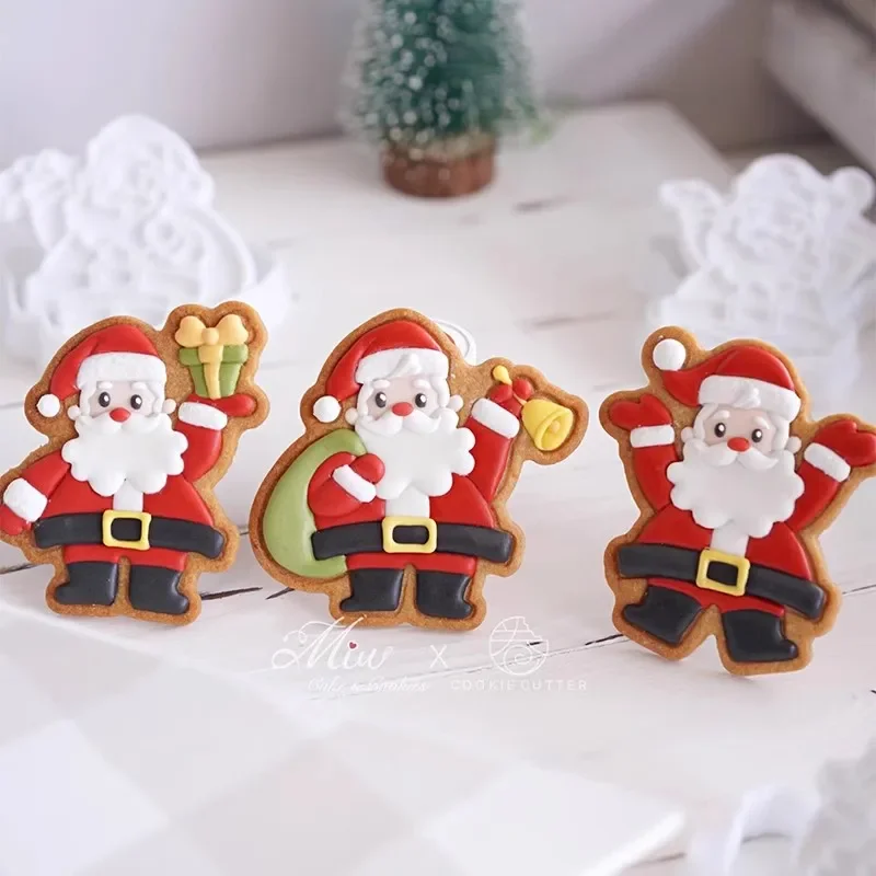 Cortador de galletas de Papá Noel de Navidad, patrón de regalo de campana, sello de galletas, plástico de dibujos animados, molde para hornear de fiesta de pastelería casera 3D