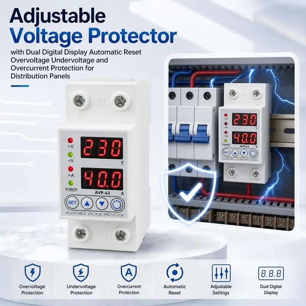 Dual Digital Display Automatic Voltage Protector Automatic Reset DIN Rail Mount Current Limiting Protector Adjustable Thresholds