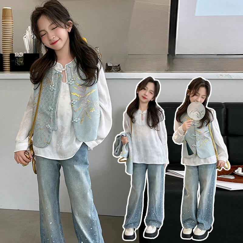 Girls Suits Spring Set 2024 New Chinese Style Plate Buckle Waistcoat Shirt Jeans Three-piece Set Korean Simple Style Children