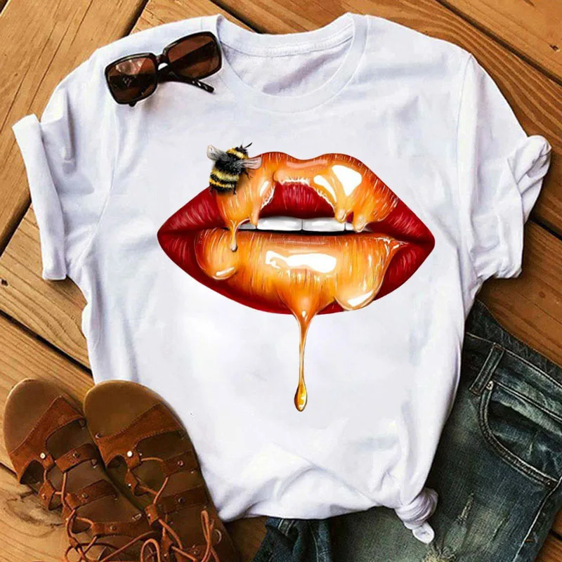 Burst Sequin Lip Trend T-shirt Half Sleeve Cute White Short Sleeve T-shirt Woman Harajuku  Harajuku  Oversized T Shirt  Tops