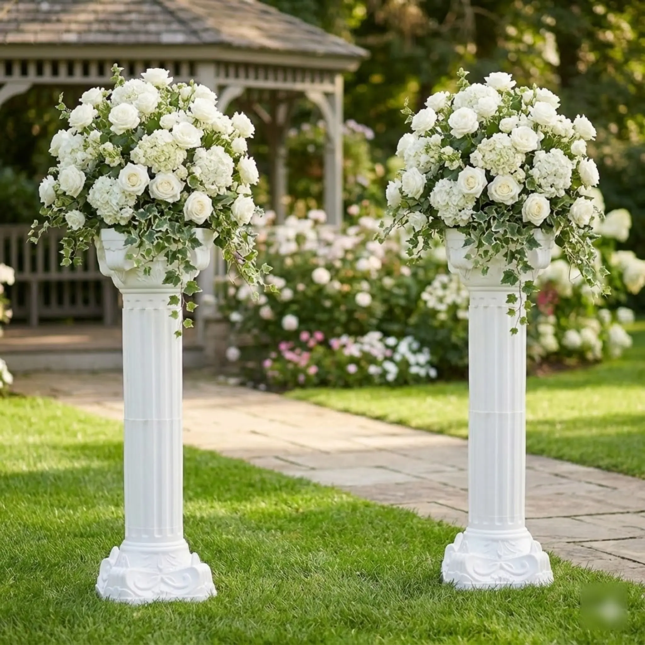 

2 шт., белые римские столбы, пластиковая подставка для колонны для свадебной вечеринки, украшения сада, прочная, стабильная, высота 34,65 дюйма