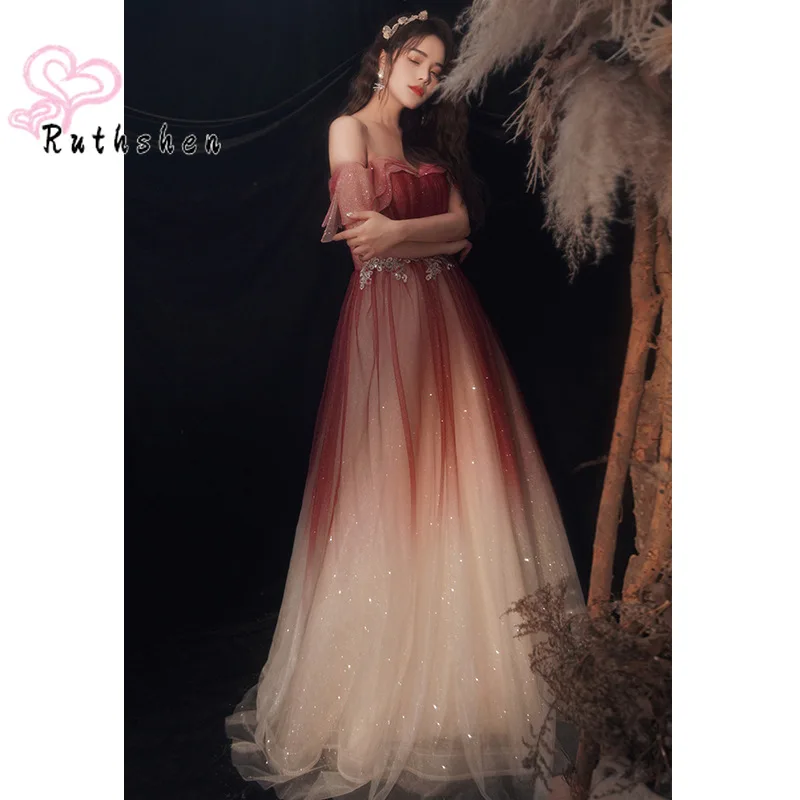 Customized Fashion Gradient Prom Dresses for Women 2023 Off Shoulder Sparkly with Appliques Vestido De Festa Luxury Night Dress