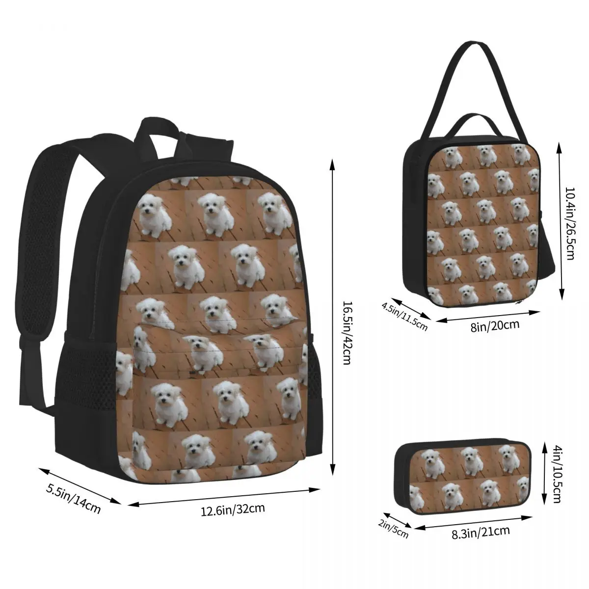Maltese Puppy Low Poly Geometric Triangles Backpacks Boys Girls Bookbag School Bags Rucksack Lunch Bag Pen Bag Three-Piece Set