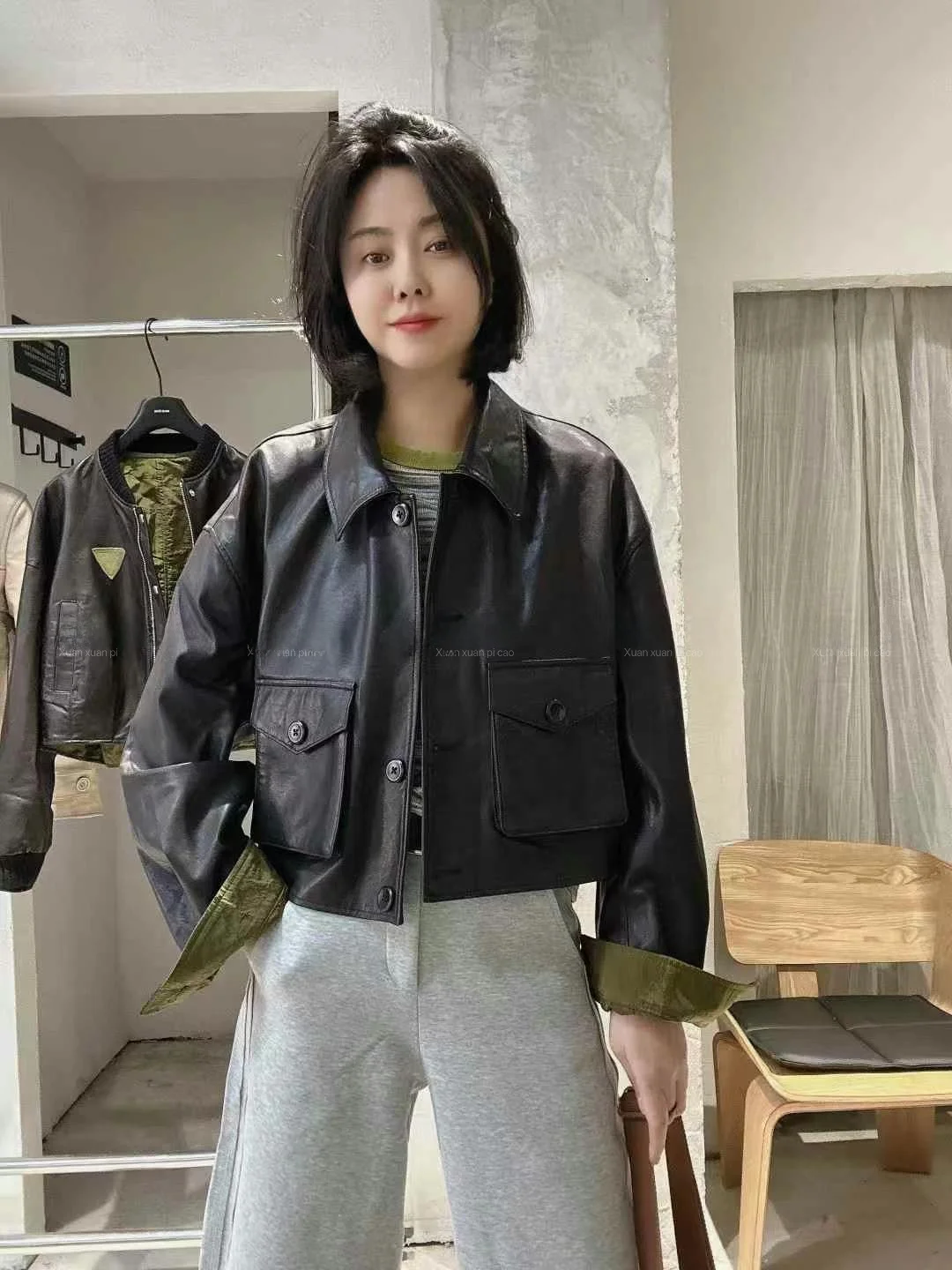 

Spring 2025 Women's Faionable Double-Sided eepskin Jaet Slimming Versatile Long Sve Commute Sle Leather Coat