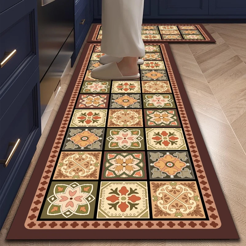 Vintage Moroccan Floral Tile Kitchen Runner Rug Non-Slip Washable Long Floor Mat with Patchwork Print  Kitchen Laundry Hallway