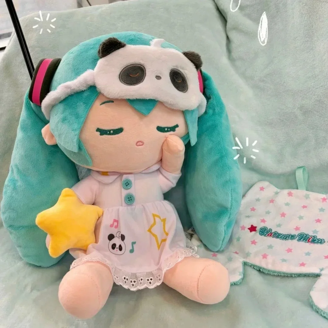 Hatsune Miku Anime Plush Doll Sitting Posture Pajama Dress With Panda Sleep Mask Star Decoration For Home Collectible Display