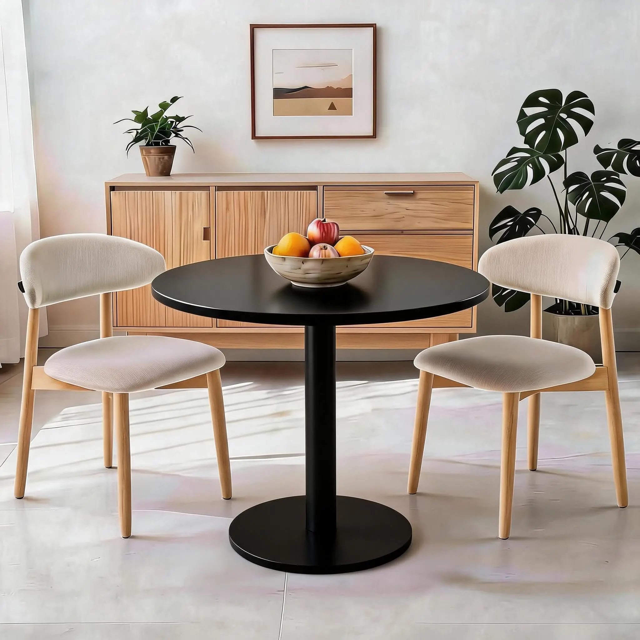 Set of 2 Mid-Century Modern Upholstered Dining Chairs with Wood Legs Beige Fabric, Curved Back, 300 lbs Capacity – for Dining Room & Farmhouse Decor