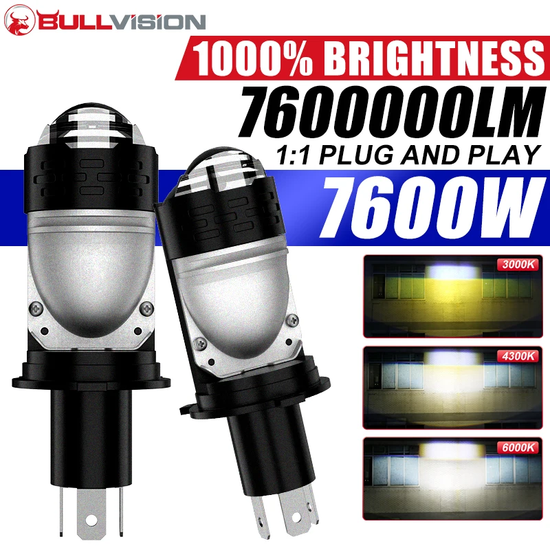 H4 LED Canbus Headlight Bulb 1:1 Mini Bi LED Projector Lens 3000K 4300K 6000K High Power Hi/Low Beam Super Bright Moto Headlamp