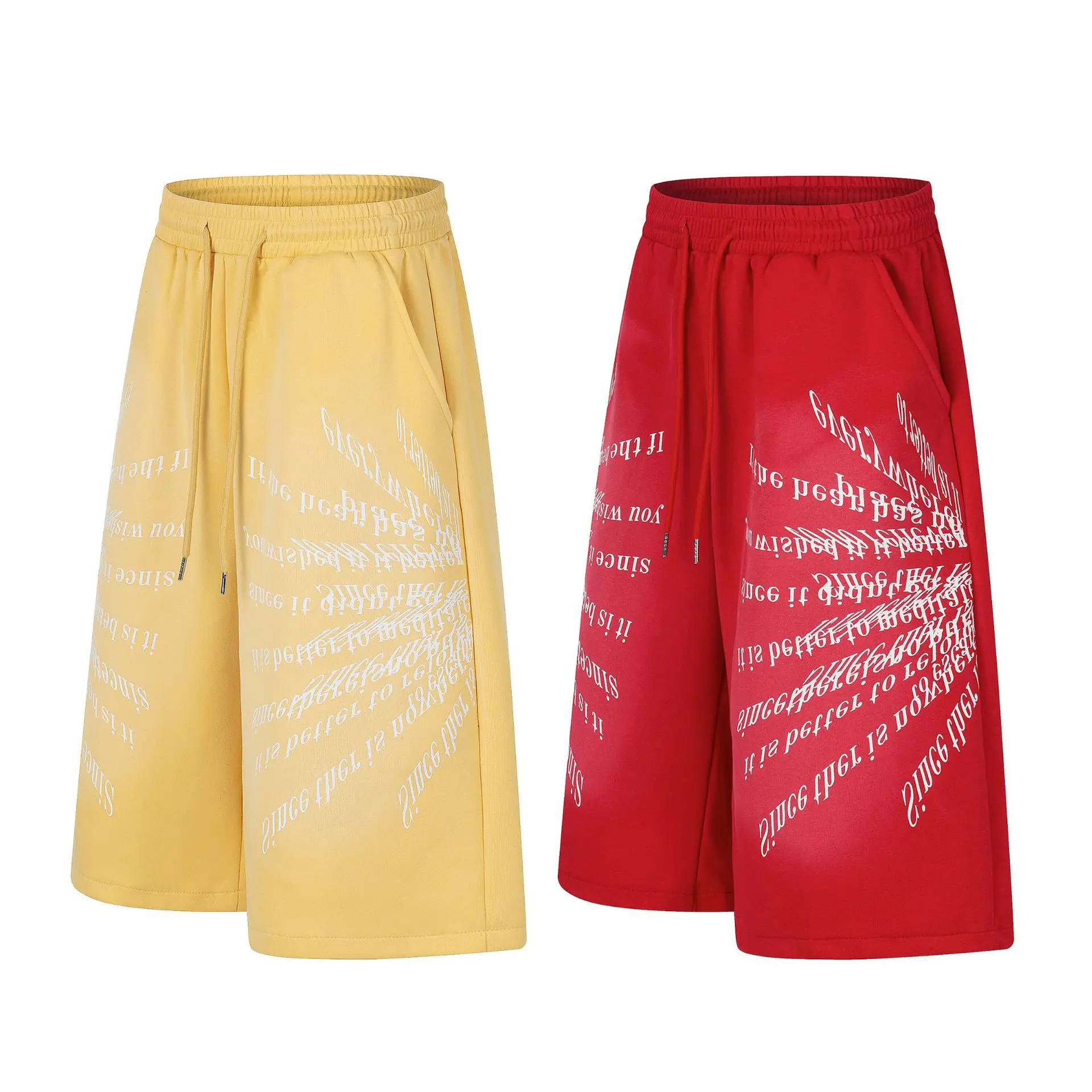 MWJLPWQ American-Style Washed Letter Print Casual Shorts For Unisex Summer Loose-Fitting Drapey Cut Wide-Leg Cropped Pants 16974