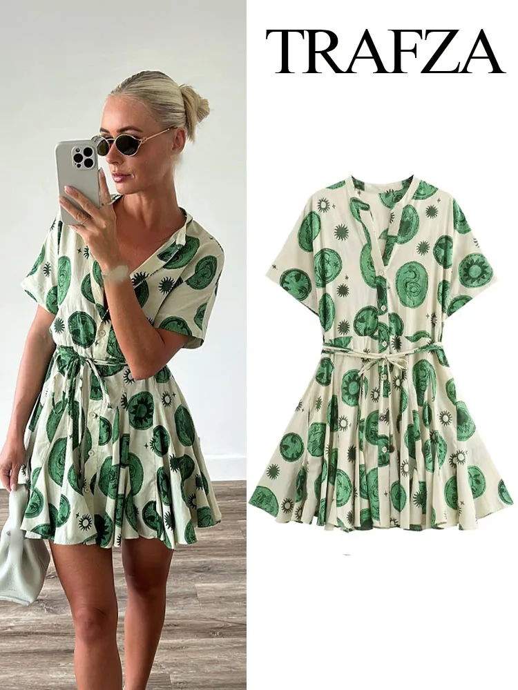 TRAFZA Summer Fashion Women Dresses Green V-Neck Short Sleeves Single Breasted Lace-Up Decoration Female Casual Mini Dress