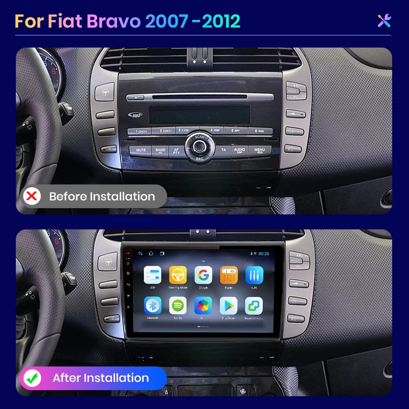 AWESAFE Wireless CarPlay for Apple Android 13 Auto Radio for Fiat Bravo 2007 2008 2009-2012 Multimedia Screen Stereo GPS RDS DSP