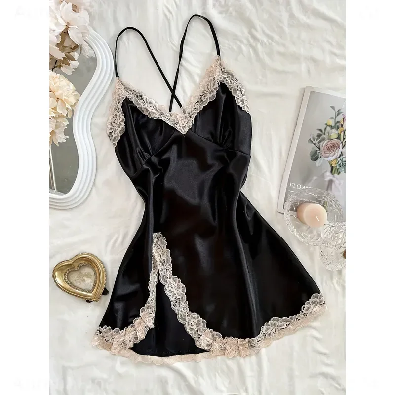 Women V‑Neck Lace Trim Slip Nightgown Sexy Solid Color Sleeveless Sleep Dress Soft All‑Season Lingerie Nightwear For Ladies Home Rest Holiday Gift