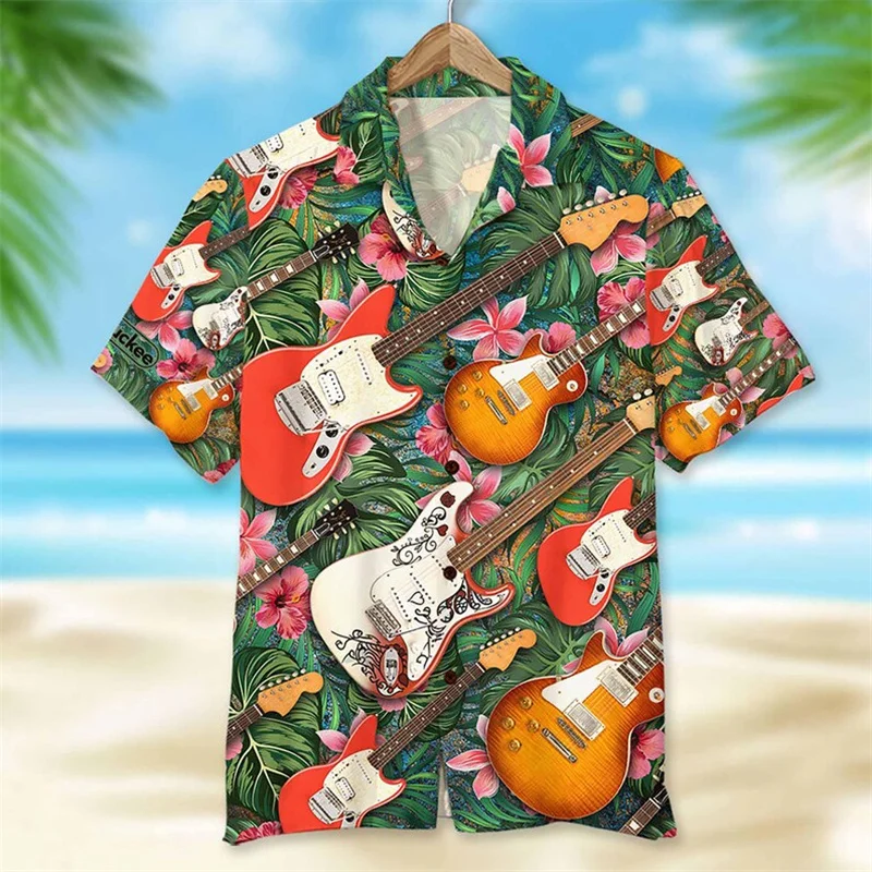 

Music Lover Guitar Print Graphic Shirts For Men Hip Hop Rock Lapel Short Sleeve Funny Shirts Summer Popular Music Party Cool