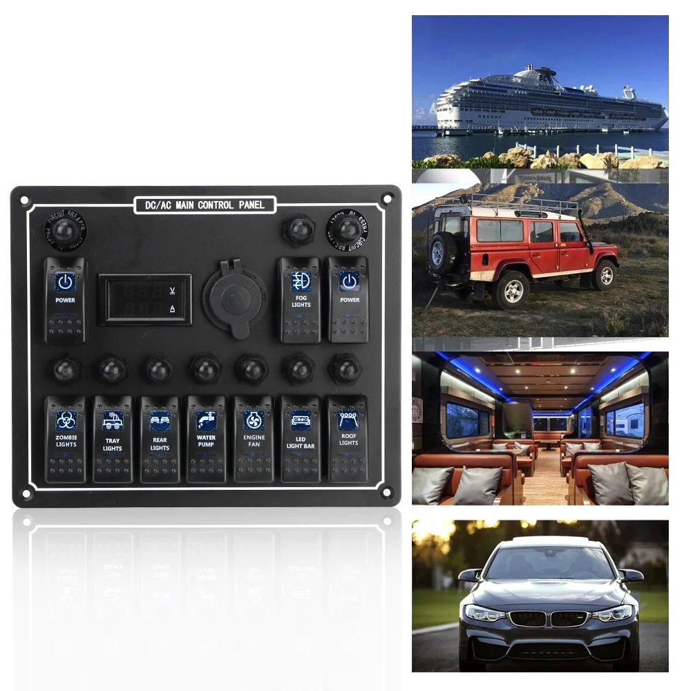 Rocker Switch Panel 10 Gang Car Auto Marine Overload Protection 15A DC Output Dual Power Control LED AC/DC Waterproof
