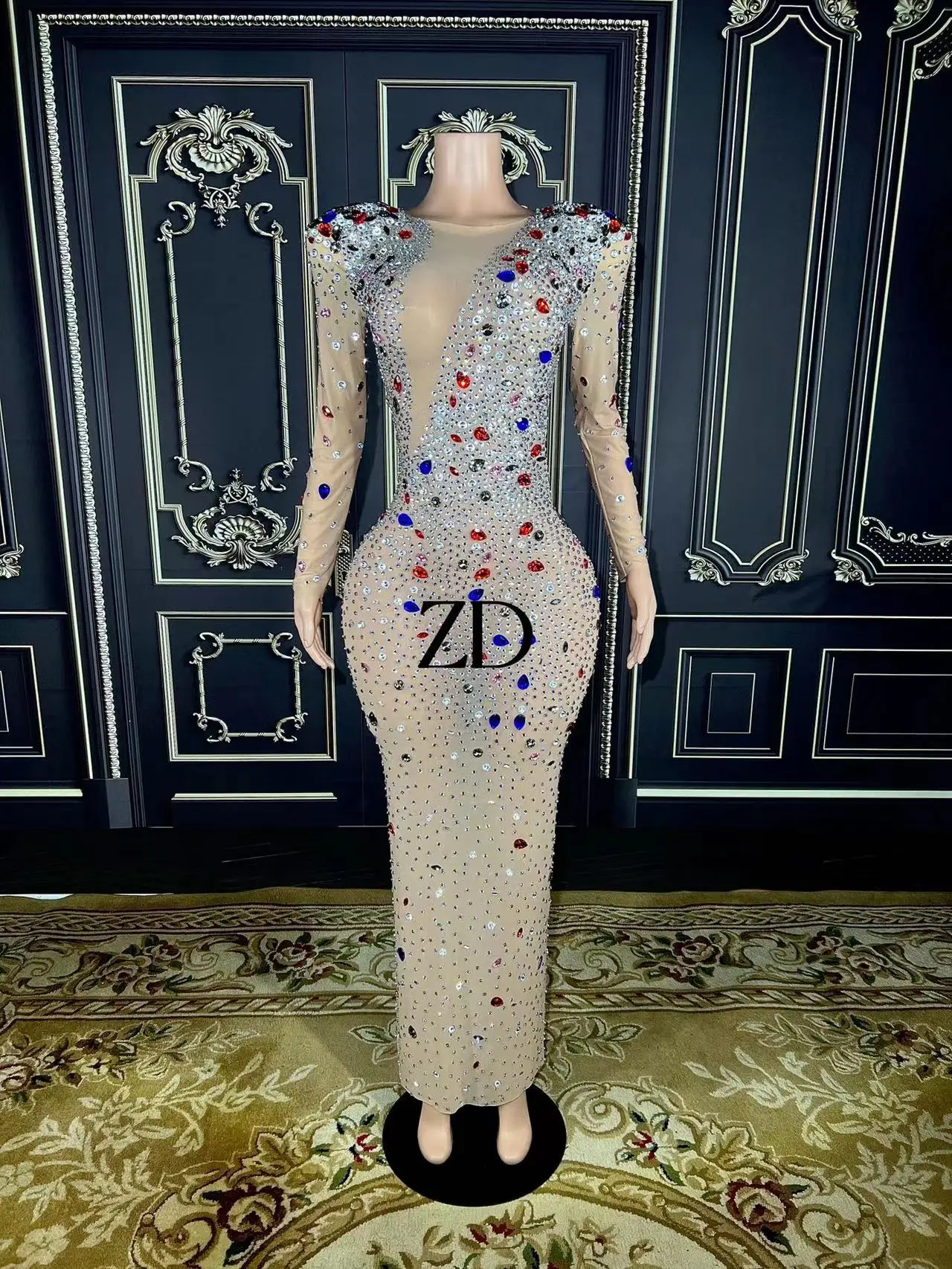 

Colorful Crystals Pearls Sexy Mesh Dress Prom Evening Sexy Transparent Multicolor Rhinestones Costume BirthdaySleeves