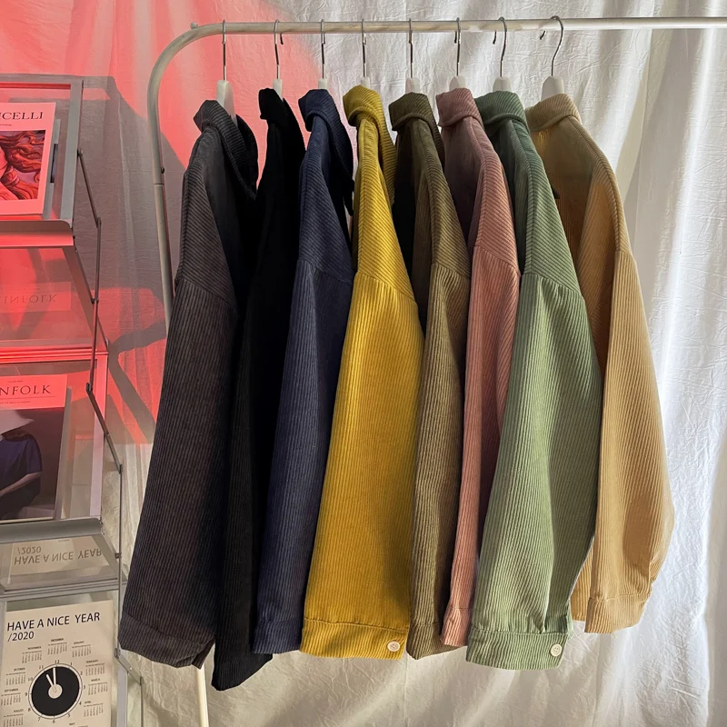 

Corduroy Shirt Jacket Men's Loose Long Sleeve Autumn Fashion Korean Style Hip Handsome Pure Color round Neck Youth Trend
