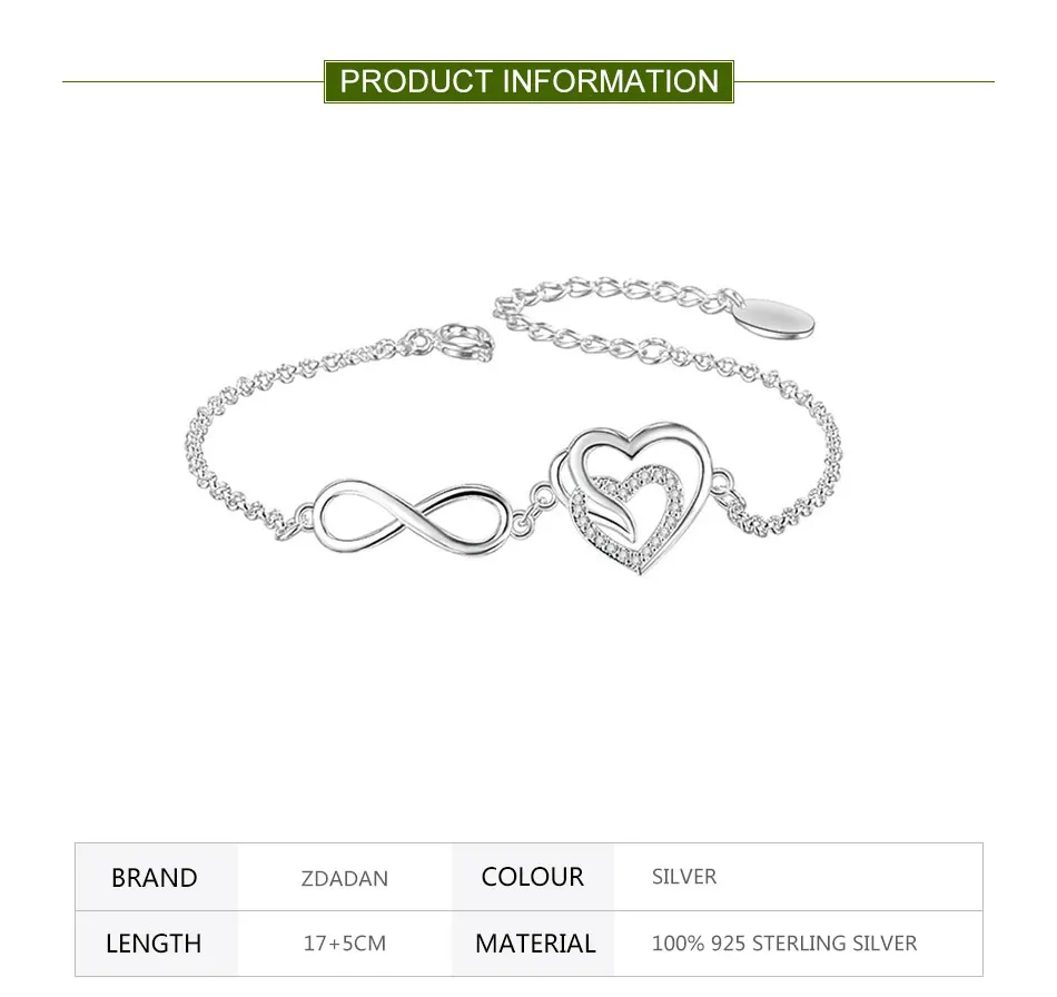 ZDADAN 925 Sterling Silber Einfaches Zirkon Herzförmiges 8 Armband Für Frauen Modeschmuck – Detail 1
