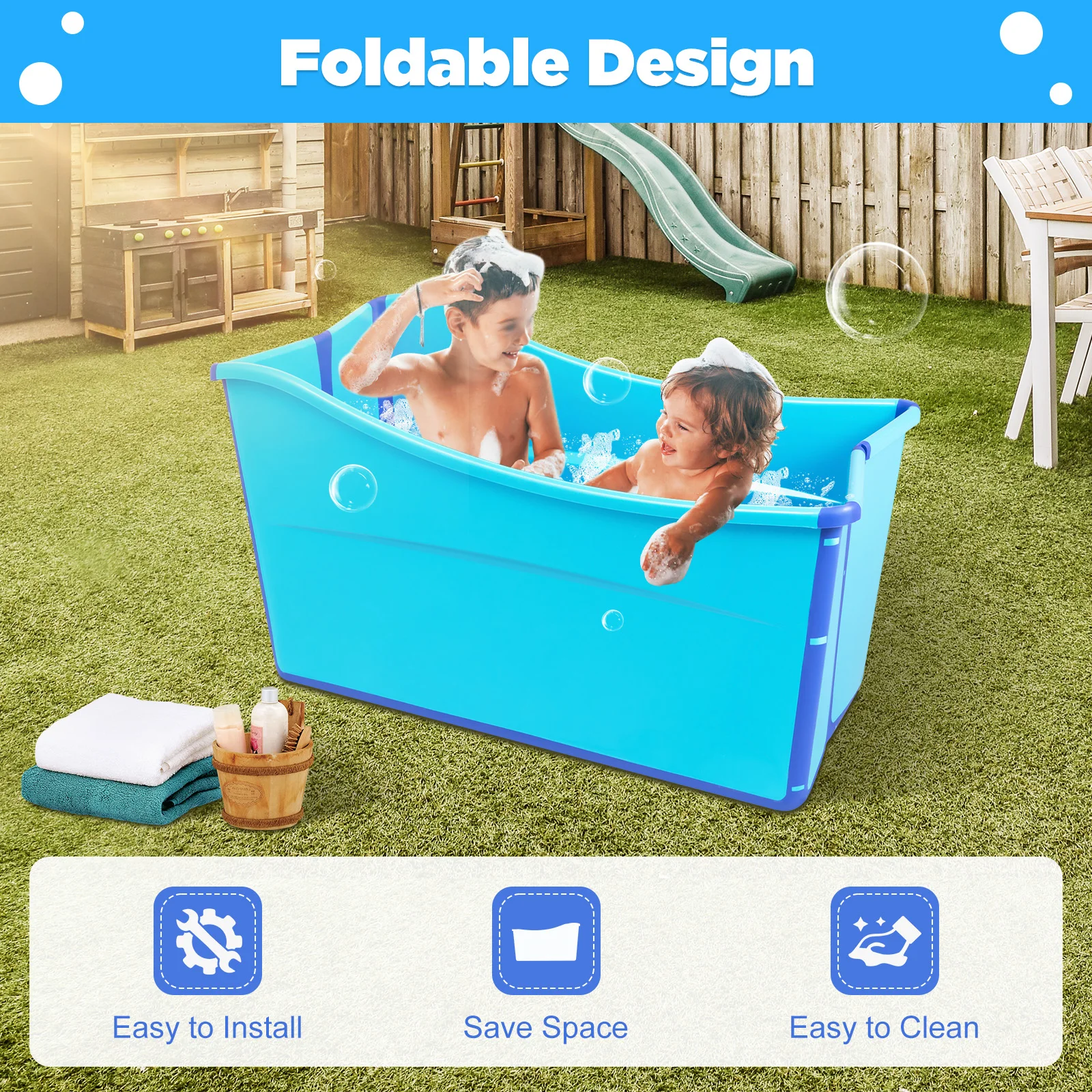 Folding Bathtub Blue Large Collapsible Bath Tub Portable Spa Bucket Adults Kids Soaking Barrel Tub with Drain Pipe 87*46*56.5cm