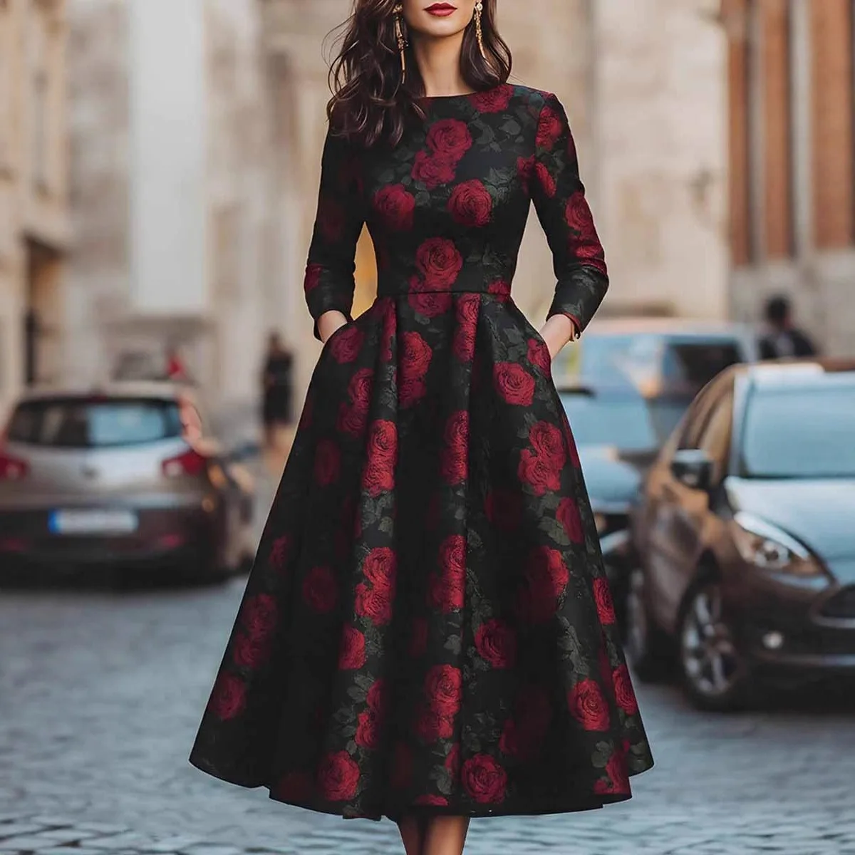 

Fashion Floral Printed Dress for Women's Elegant Party Club Wedding Guest A-line Midi Dress Long Sleeve Round Neck Dress 2025
