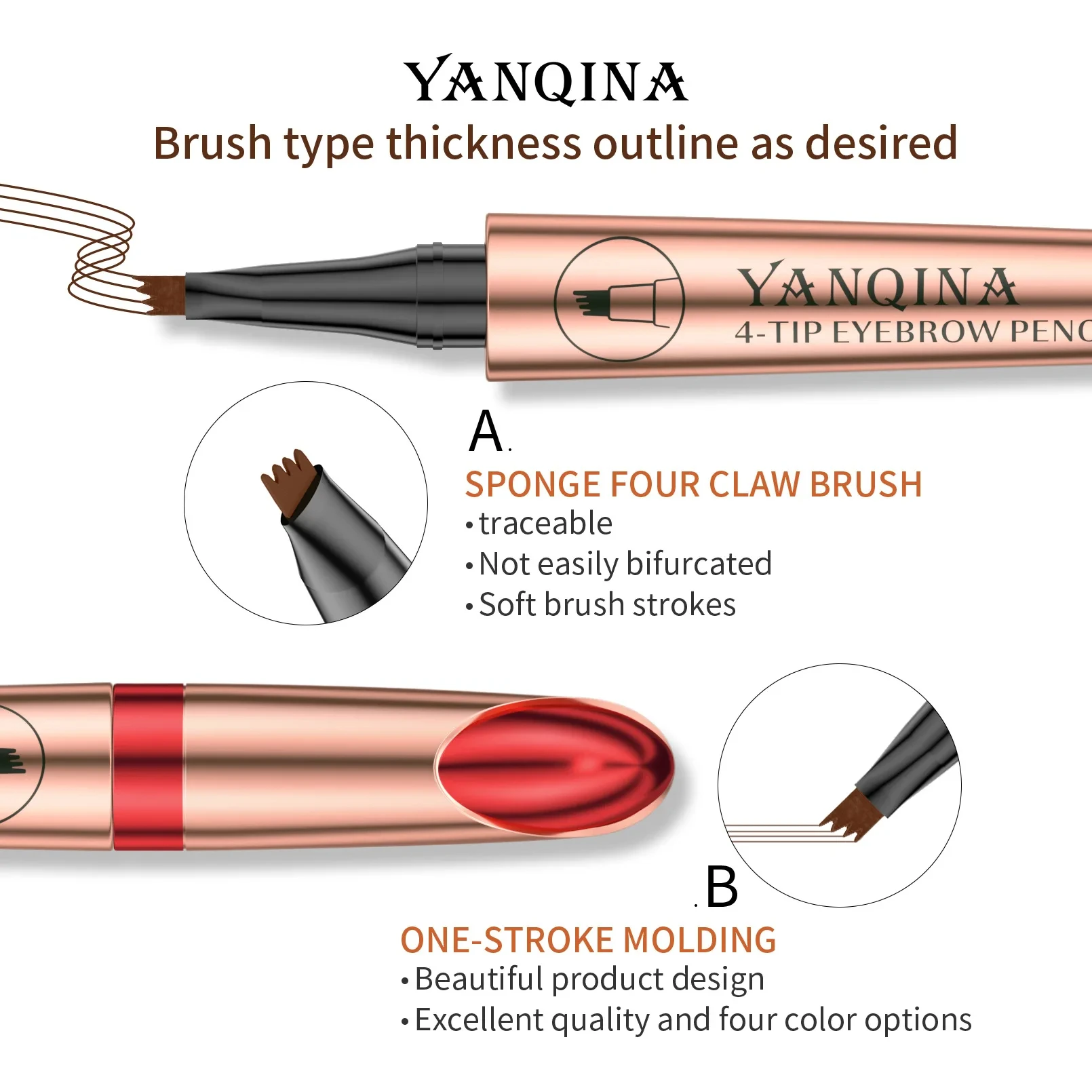YANQINA-4 Color Sobrancelha Lápis, Quatro Garra Líquido, Sobrancelha Liner, Impermeável, Durável, Tint Enhancer, Caneta, 24h, Novo, Hot Venda