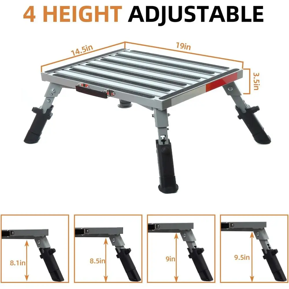 Large RV Step Stool, Adjustable Height Aluminum Folding Platform Step Ladder with Non-Slip Rubber Feet, Heavy Duty Support Up to