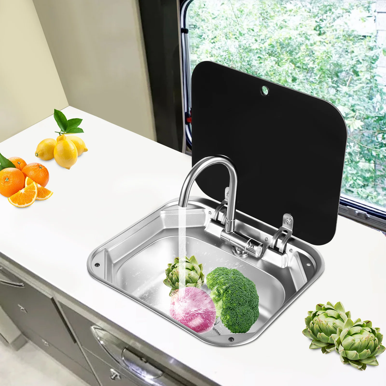 

RV Camping Sink Kit Drop-in Hand Wash Basin With Hot and Cold Regulation Tap Folding Faucet for RVs, Bars, Hotels, Cafes, etc
