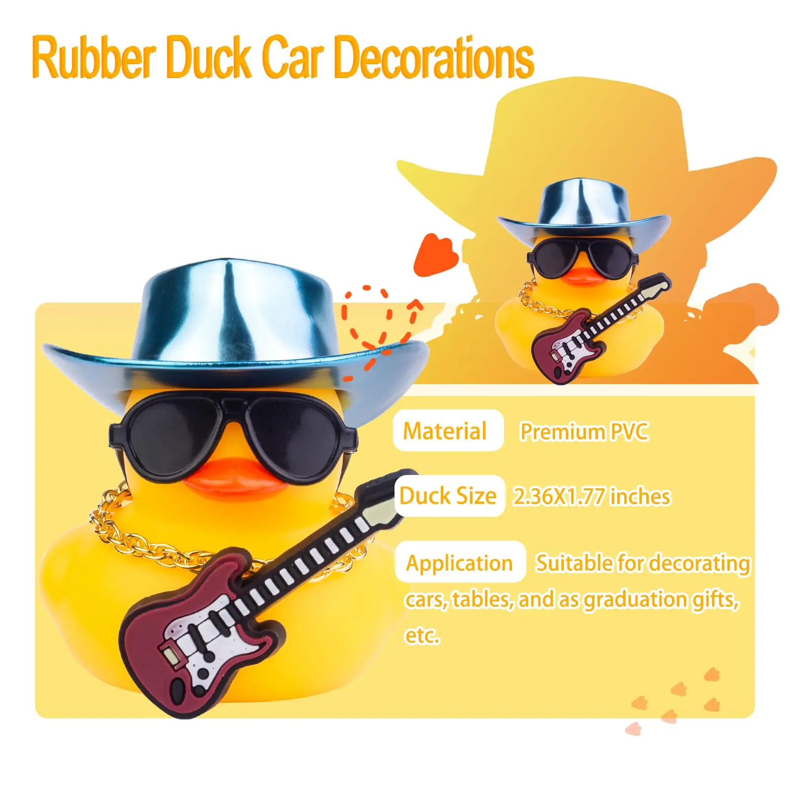 Car Yellow Rubber Duck, Duck Dashboard Decoration with Cowboy Hat Necklace Sunglasses Mini Musical Instrument for Car Dashboard